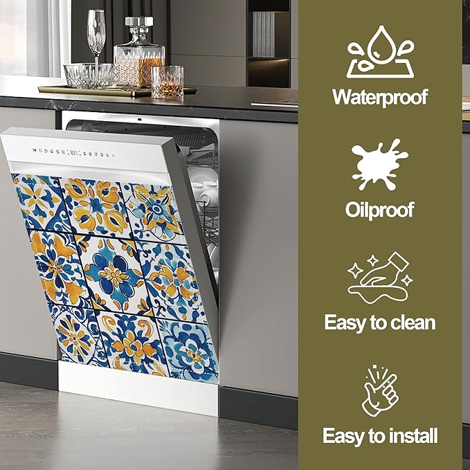 Troditional Spanish Magnetic Dishwasher Cover,Tile Pattern Dishwasher Covers for The Front Magnetic Dishwasher Panel Decal Cover for Kitchen 23x26inch