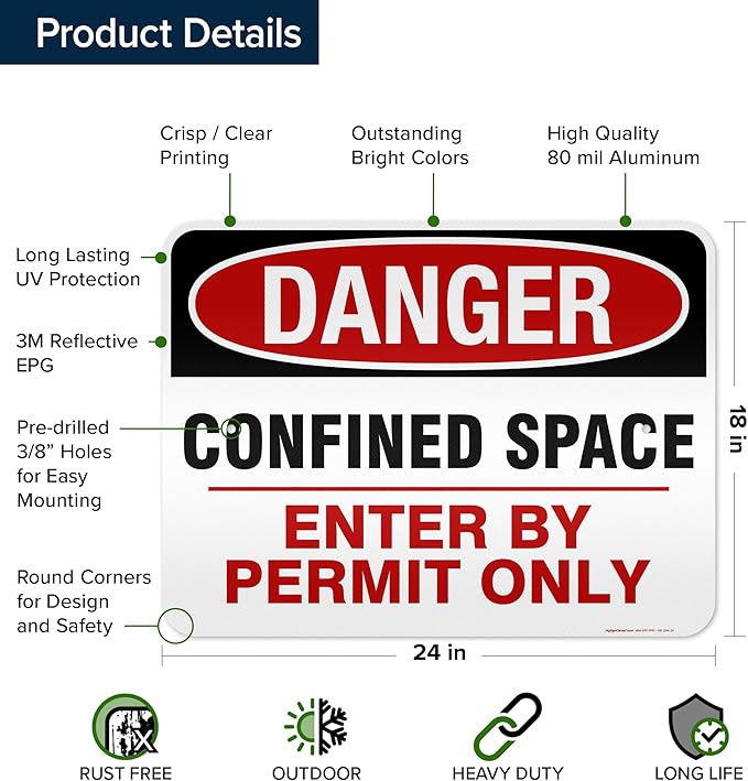 Danger Confined Space Enter By Permit Only Sign, 18x24 Inches, 3M EGP Reflective, Rust Free .080 Aluminum, Fade Resistant, Made in USA by My Sign Center