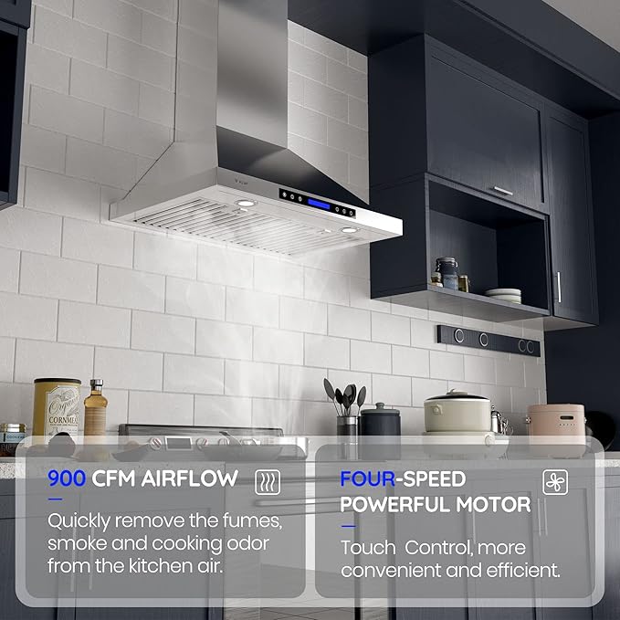 Range Hood, EKON Wall Mount Hood 900 CFM Kitchen Hood Vent 4 Speeds Touch Control LCD Display With Remote /3 Pcs Baffle Filters / 2 Pcs 3W Led Lamp/Vent-less or Recirculation Operation (NAP02-36IN)