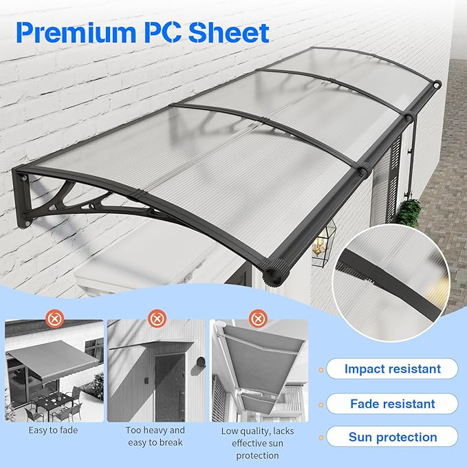 Awning for Door Entrance with Drainage Sink,40x40 Inch Awnings for Doors,Window Canopy Exterior with Plastic Steel Bracket,Polycarbonate Cover,UV,Rain,Snow Protection for House,Porch,Patio,Deck