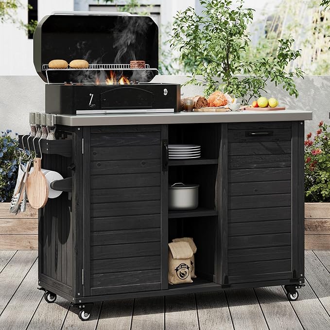 78.3" Outdoor Kitchen Island with Foldable Grill Table - Wooden Grill Cart with Stainless Steel Top, Trash Can Storage and Adjustable Shelves