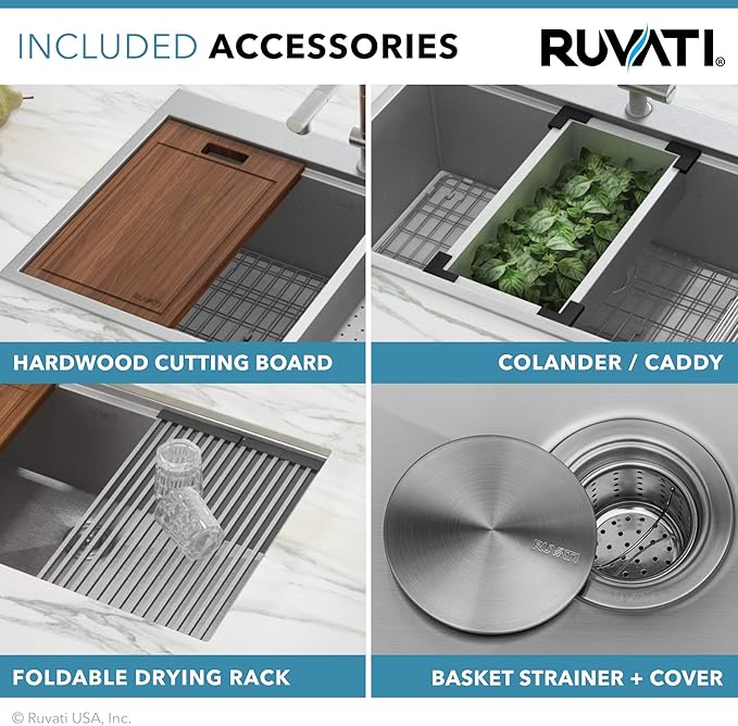 Ruvati 25 x 22 inch Workstation Drop-in Tight Radius Topmount 16 Gauge Stainless Steel Ledge Kitchen Sink Single Bowl - RVH8023
