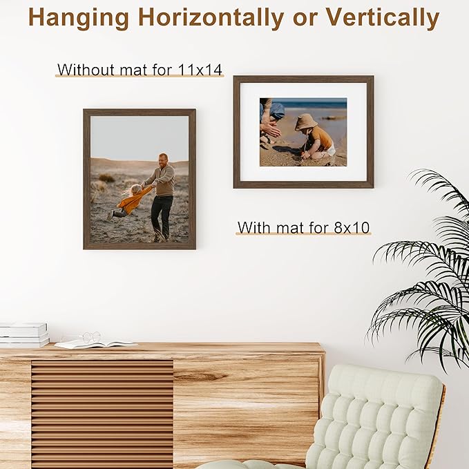Vittanly 11x14 Picture Frame, Solid Wood Frame with Plexiglass, Includes 8x10 Mat, Wall Hanging for Home Decor, Brown, 1 Pack
