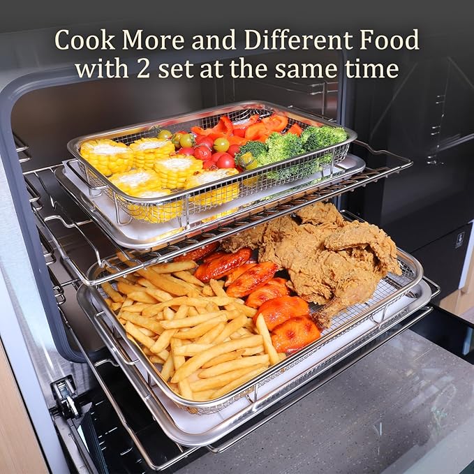 Air Fryer Basket for Oven, Stainless Steel Oven Air Fryer Basket and Tray Set, 2 Pack Air Fryer Pan Rack with 100 Pcs Parchment Papers - 15"x11" & 12.8"x9.6" (15"x11" & 12.8"x9.6")