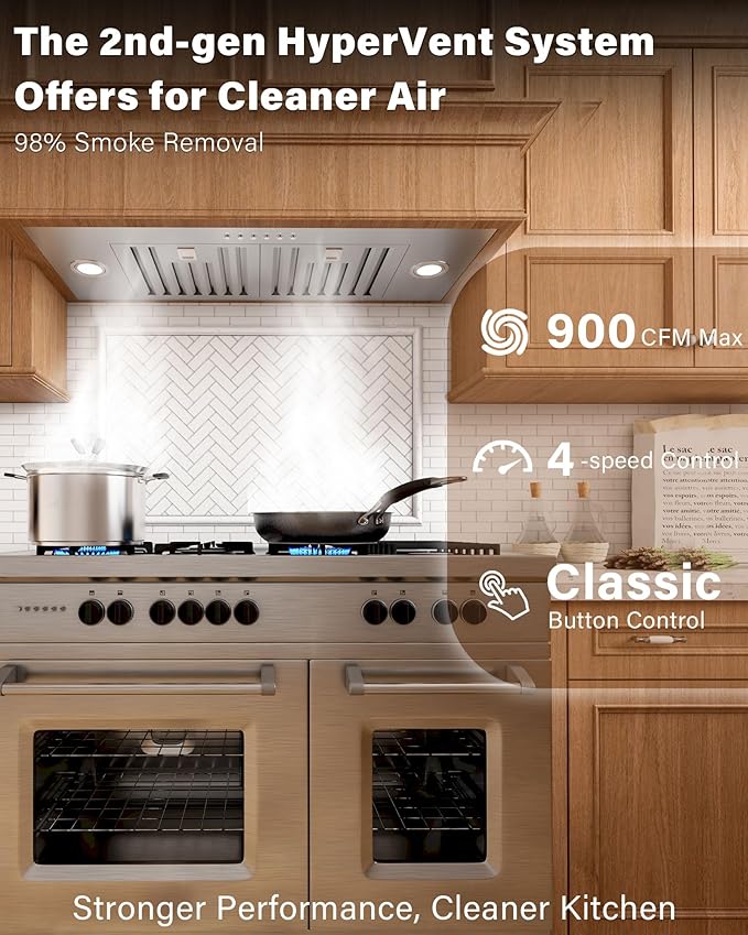 30 inch Stainless Steel Insert Range Hood - 900 CFM, Ultra-Quiet 4-Speed Vent, Button Control, LED Lights, Ducted/Ductless Convertible