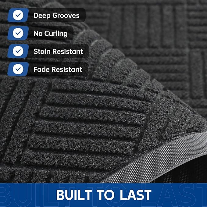 Durable Indoor Outdoor Door Mat, 2' x 4' Heavy Duty Front Door Mat for Entryway, Non-Slip Backing, Stain and Fade Resistant, Absorbent Commercial Floor Mat for High Traffic Area, Black
