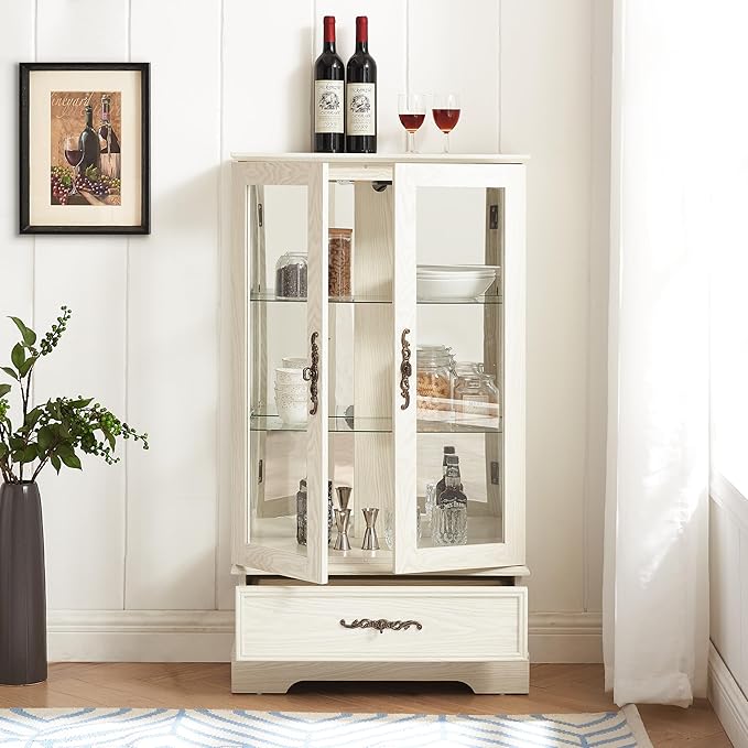 47" H Lighted Curio Cabinet Display Case, Glass Case with Adjustable Shelves,Tempered Glass Door and Drawer, Wooden Curio Cabinet with Mirrored Back Pane for Living Room (Antique White)