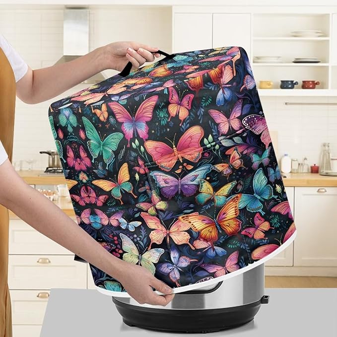 Insulated Pressure Cooker Appliance Cover, Also Fit for Rice Cooker, Air Fryer and Crock Pot, 8 Quart Dust Cover with Pocket for Spoon/Cooking Utensils/Recipes, Washable, Butterfly Various