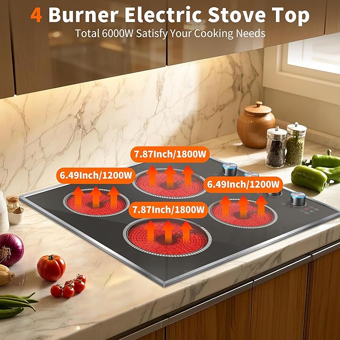 4 Burner Electric Cooktop, 24 Inch Electric Stove 6000W, 220V-240V Built-in Ceramic Stovetop with Knob Control, Child Lock, Timer Control, Residual Heat Indicator, Hard Wire(No Plug)