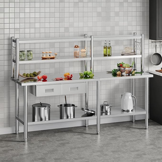 84"x24" Stainless Steel Work Table with Overshelves, 2/3 Drawers, Adjustable Shelf & Hooks, NSF-Certified Heavy-Duty Prep Station for Commercial Kitchen, Restaurant, or Garage