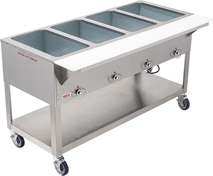 Kratos Commercial Mobile Electric Steam Table/Hot Food Table, 4 Wells, Stainless Steel, NSF 240V (28W-199)
