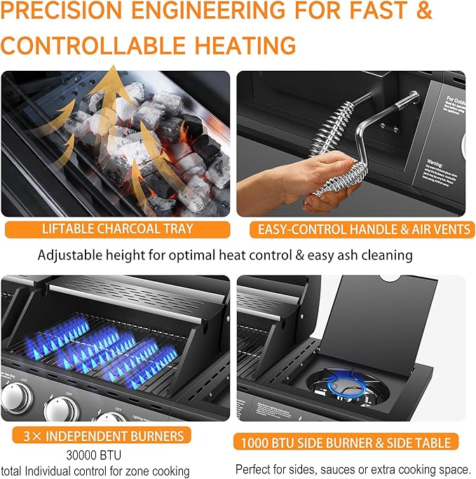 Dual Fuel Grill Combo Propane Gas & Charcoal Grill with Side Burner, 3+1 Burners 40,000 BTU Total, 713.5 Sq In Cooking Area, Adjustable Charcoal Tray & Stainless Steel Cabinet (Gas + Charcoal Combo)