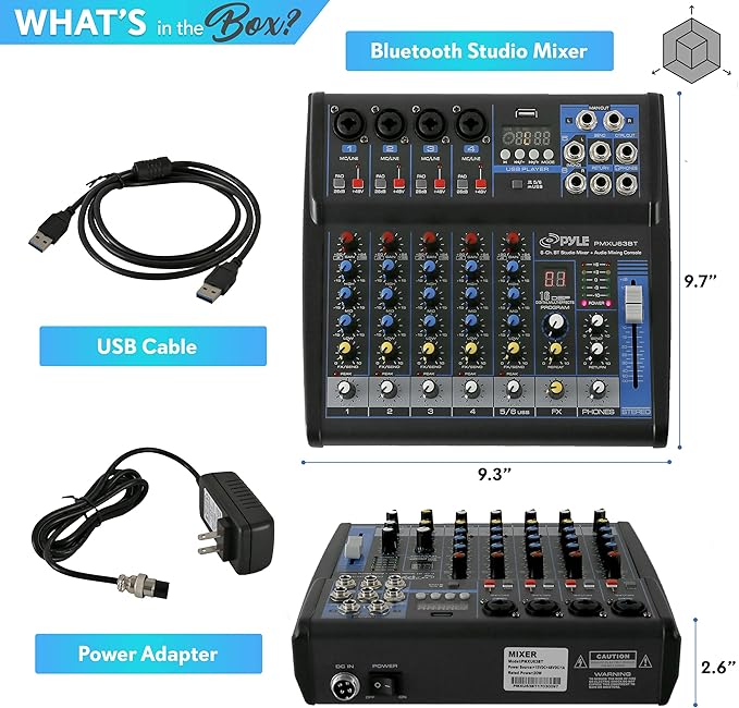 Pyle Professional 6 Channel Audio Mixer with Bluetooth - DJ Sound Board - USB Computer Input - Built-in MP3 Player - 48V Phantom Power - 3 Band EQ - 16-Bit DSP FX - Band, Studio Ready - PMXU63BT