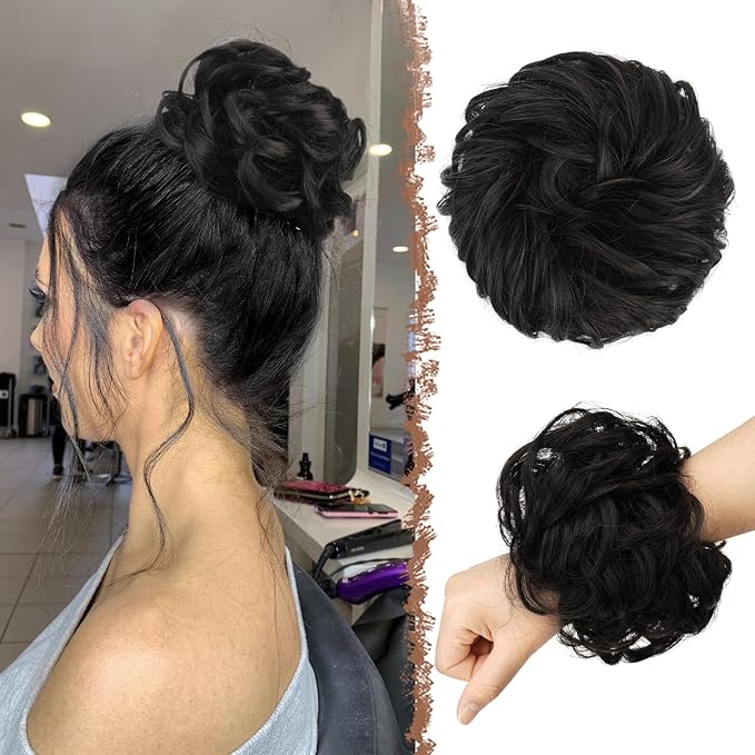 FESHFEN Large Messy Bun Hair Piece - Wavy Synthetic Chignon Scrunchies Elastic Ponytail Hair Extensions Thick Hairpieces for Women, Black Brown 1.94oz