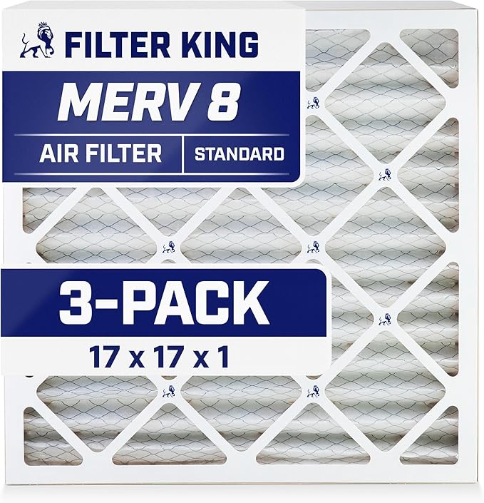 Filter King 17x17x1 Air Filter | 3-PACK | MERV 8 HVAC Pleated A/C Furnace Filters | MADE IN USA | Actual Size: 17 x 17 x .75"
