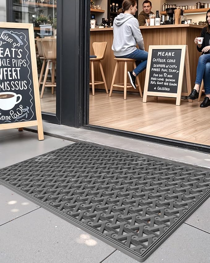 DEXI Front Door Mat Outside Entrance Rubber 24x36, Welcome Floor Doormat Heavy Duty Non Slip, Dirt Trapper Waterproof Exterior Entry Mats All Weather for Patio Entryway Drainage, Grey