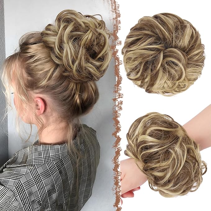 FESHFEN Large Messy Bun Hair Piece - Wavy Synthetic Chignon Scrunchies Elastic Ponytail Hair Extensions Thick Hairpieces for Women, Light Brown & Blonde 1.94oz
