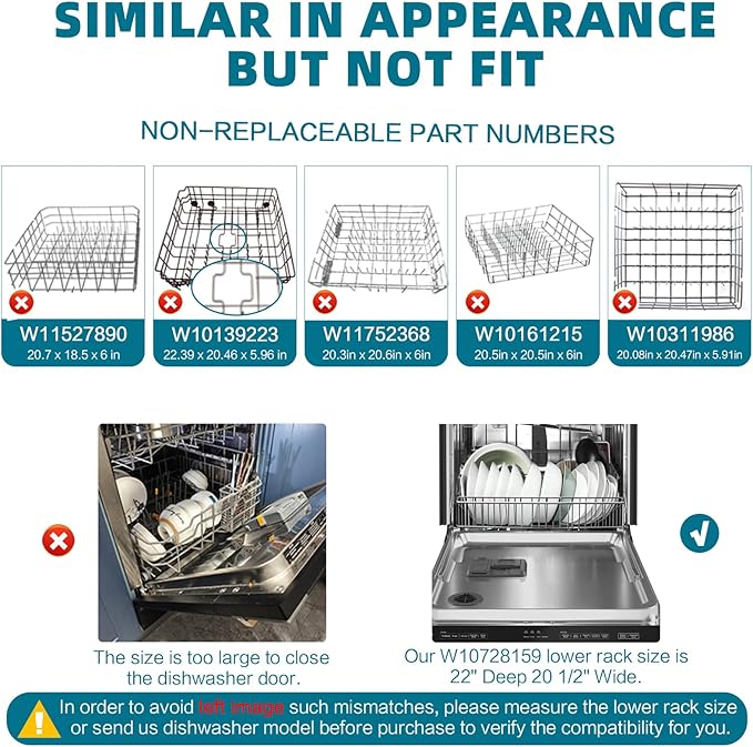 Upgraded W10728159 W10525646 OEM Dishwasher Lower Dishrack for Kitchenaid Dishwasher, W10082825 Dishwasher Lower Rack Fit for Maytag Dishwasher Rack Parts 22" Deep by 20 1/2" Wide
