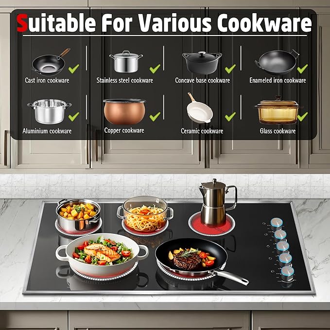 36 Inch Electric Cooktop, 5 Burner Electric Stove Top 8400W, 36" Ceramic Stove with Knob Control, Over-Temperature Protection, Dual Ring Zone, 220-240V Hard Wired (No Plug)