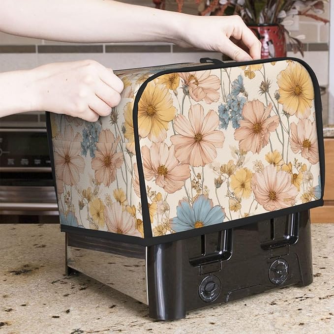 2 Slice Toaster Cover for Kitchen Flower Vintage Botanical Waterproof and Dustproof Toaster Dust Cover with Side Pockets Decorative Universal Cover for Wide Slot Toasters and Small Appliances