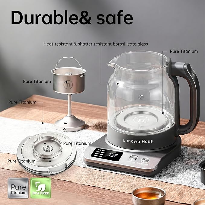 Rufus Titanium & Glass Electric Tea Kettle Tea Maker - Pro Steam Extraction, 11 Temp & 10 Strength Levels, Dry Boil Protection, 12H Auto Warm, 1.2L 600W 120V, BPA-Free with 1 Infusers