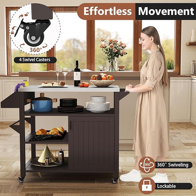 Giantex Outdoor Grill Cart with Storage Cabinet & Shelves, Patio Kitchen Island Table with Stainless Steel Top, Spice & Towel Rack, Movable Pizza Oven Stand on Wheels, Rolling Bar Cart BBQ Prep Table