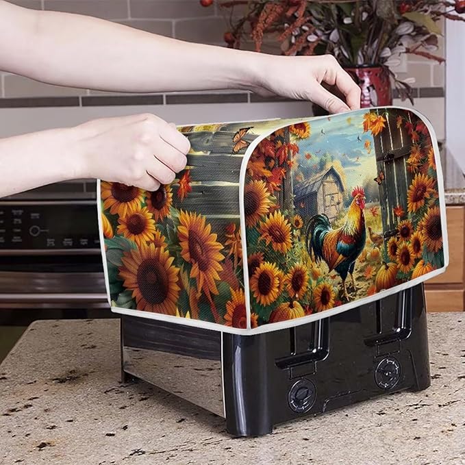 UNICEU Sunflower Rooster Print Toaster Dust Cover Protector Compatible with 2 Slice Heat-Resistant Dust Protection Anti-scratch Home Kitchen Decor
