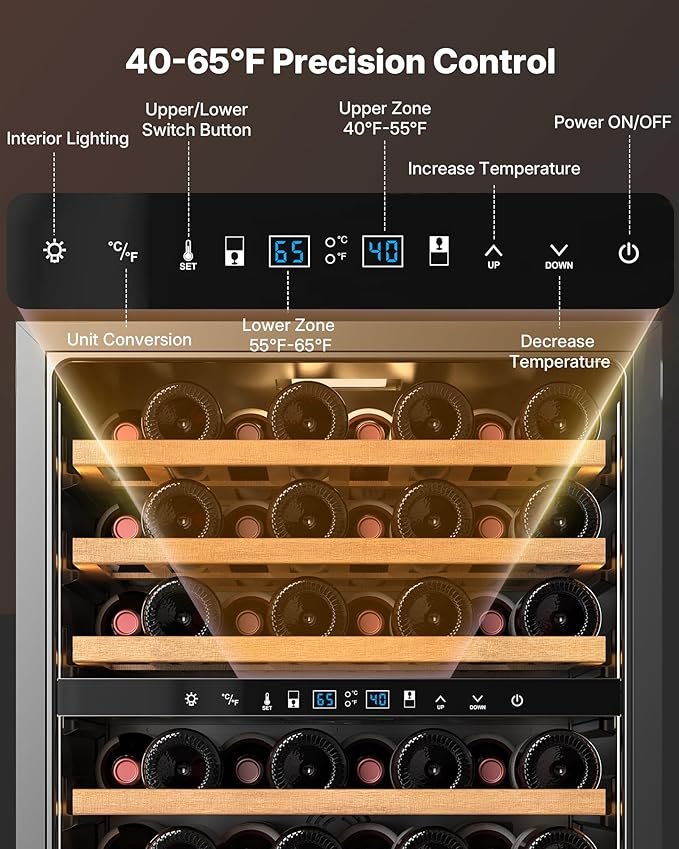 Upstreman 24 Inch Wine Fridge, 54 Bottles Dual Zone Wine Cooler Refrigerator, Small Built-in or Freestanding Wine Fridge with Stainless Steel Glass Door for Home, Office, or Kitchen, W54