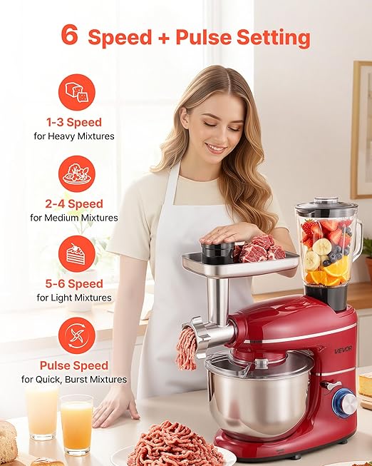 VEVOR Stand Mixer, 6 QT Electric Kitchen Mixer, 660W Dough-Mixer, 6+P Speeds Tilt-head Food-Mixer with 1.6 QT Blender Cup, Stainless Steel Bowl, Dough Hook, Whisk, Beater, for Baking, Mixing, Red