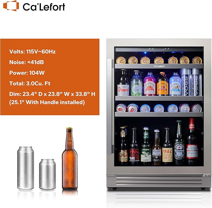 Ca'Lefort 24 Inch Beverage Refrigerator, 180 Can 34°F -54°F Beverage Fridges, Drink Fridge with Glass Door 3 LED Beverage Coolers Built in or Freestanding, Perfect for Home/Kitchen(Right-Hinged)