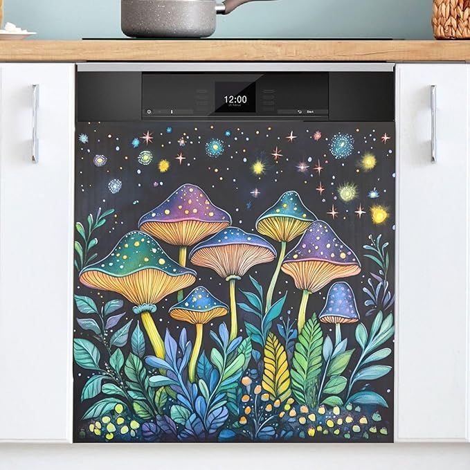Dishwasher Magnet Cover, Mushrooms Magnet Sticker Fridge Panel Decal for Home Kitchen Decor, 23x26in