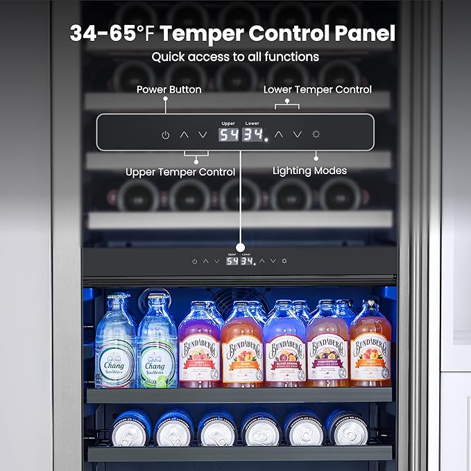Yeego 24 Inch Wine Fridge - 77 Bottles and 182 Cans Dual Zone Wine Cooler with Glass Door, 34-65℉ Built-In or Freestanding Refrigerator with Lock and 2 Color LED for Kitchen Bar Office (Left-Hinged)