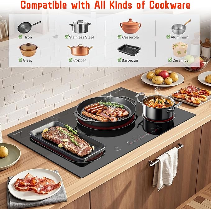 Karinear Electric Cooktop 30 Inch, 4 Burners Electric Stove Top, Flexible Bridge &Triple Ring Expandable Burners, Pause, Timer, Child Safety Lock, 7800W Built-in Ceramic Cooktop for 220-240V Hard Wire