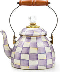 MACKENZIE-CHILDS Enamel Tea Kettle, Decorative Tea Kettle for Stovetop, 2 Quarts, Purple-and-White Violet Check