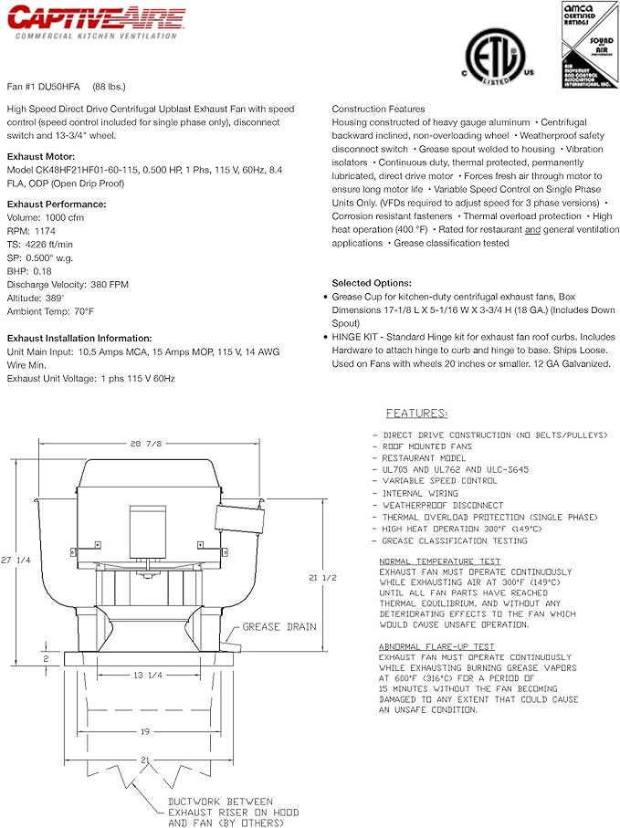 Restaurant Canopy Hood Grease Rated Exhaust Fan- High Speed Direct Drive Centrifugal Upblast Exhaust Fan with speed control- 21" Base, 0.50 HP 115 Volt Single Phase Motor, 900-1500 CFM (DU50HFA)