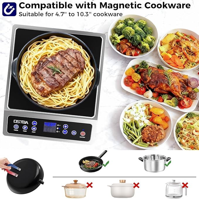OSTBA 1800W Commercial Induction Cooktop, 10" Heating Coil Countertop Induction Burner, 10 Power Levels & 120–460°F Temperature Control, 12H Timer, Keep Warm, ETL Certified