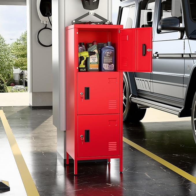 METAN Metal Storage Employees Locker with 3 Lockable Doors,47''H*16''W*16''D Locking Storage Cabinets for Small Spaces,Home,School,Gym,Assembly Required,Red
