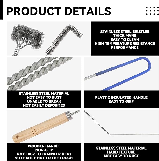 3 Pcs Fryer Cleaning Tools - L Shaped Stainless Steel Bristles Deep Cleaning Brush and Rod for Restaurant Air Fryer