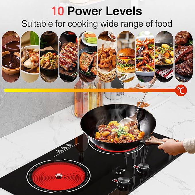 2400W Electric Cooktop: 24" Electric Stove 2 Burner Hot Plate Double Burner Cooktop, GTKZW Knob Control Countertop & Built-in, 9 Power Levels, Child Lock, Timer, Suitable for all Pans