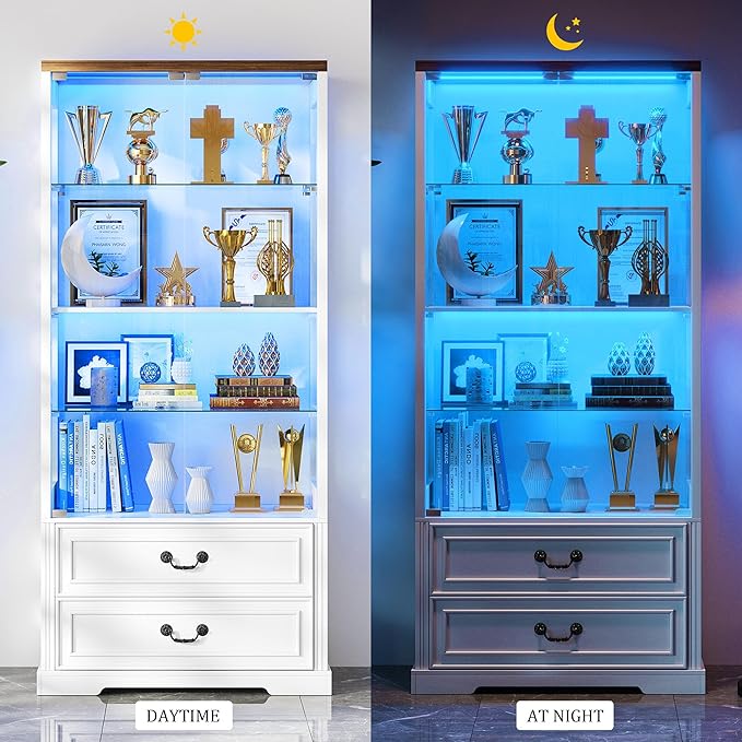67" Tall Display Cabinet with Glass Doors and 2 Drawers, Adjustable Glass Height Bookcase, Curio Cabinet with 3 LED Lights and Human Body Sensor (White)