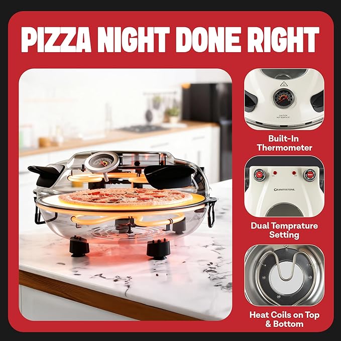PIEZANO Crispy Crust Pizza Oven by Granitestone – 12 Inch Electric Pizza Oven Indoor Countertop Maker with Ceramic Stone Heats up to 800˚F for Delicious Stone Baked Pizzeria Style Pizza at Home