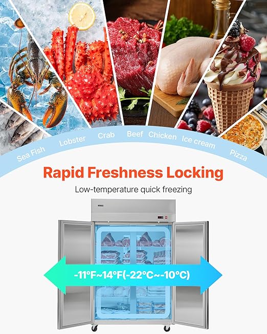 VEVOR Commercial Reach-In Freezer, 48" W, 33 Cu.Ft Stainless Steel Upright Freezer, with 4 Doors, Auto-Defrost, 6 Adjustable Shelves, -11 to 14℉ Temp Control, UL Certified