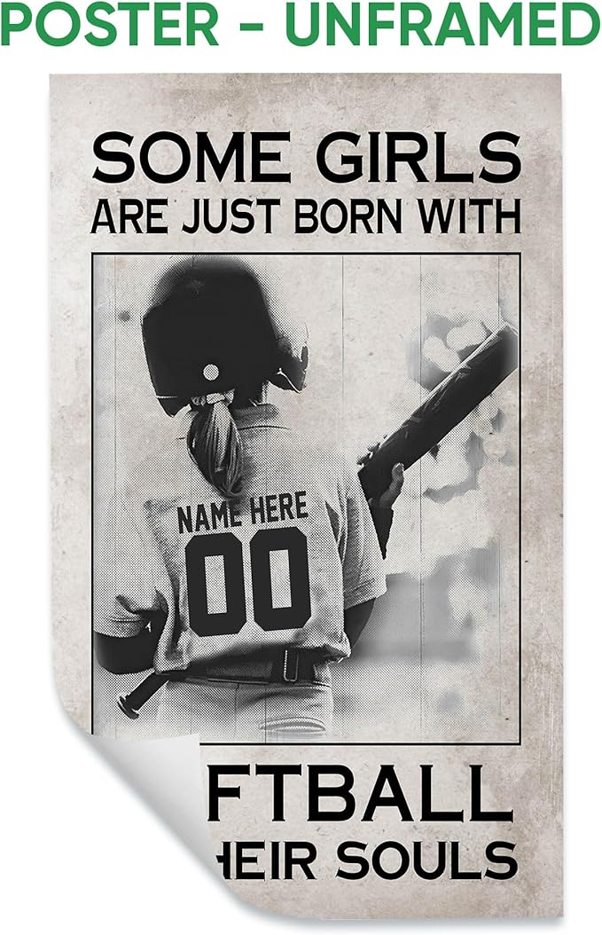 Custom Some Girls Are Just Born With Softball In Their Souls Personalized Name Number Poster & Framed Canvas, Wall Art Home Office Decoration Living Room Bedroom Aesthetic Decor
