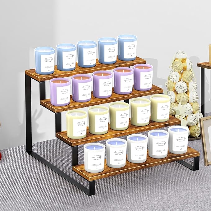 ELITEROO Wood Display Stand, 4 Tier Perfume Stand Organizer, Display Riser for Food, Tiered Cupcake Stand Risers, Table Display Shelf for Vendors Event, Candles, Tumblers, Soaps