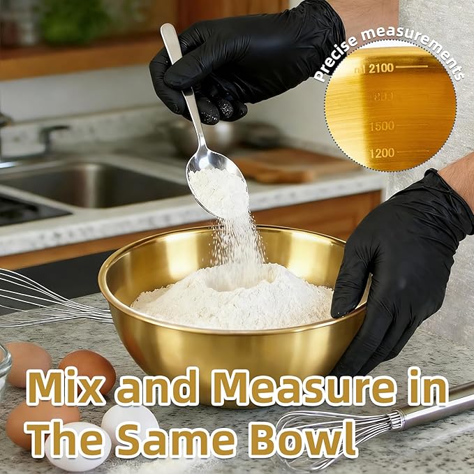 3-Piece Stainless Steel Golden Mixing Bowls (8.26") Metal Bowl with Measurement Marks, Dishwasher Safe & Stackable - Perfect for Baking, Salad Making, Meal Prep