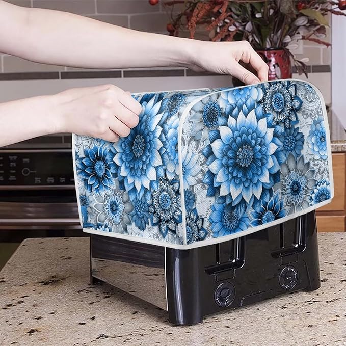 Blue Floral Print 2 Slice Toaster Cover Bread Machine Cover with Top Handle Design Kitchen Small Appliance Cover Dust Protection Stain Resistant Universal Fit