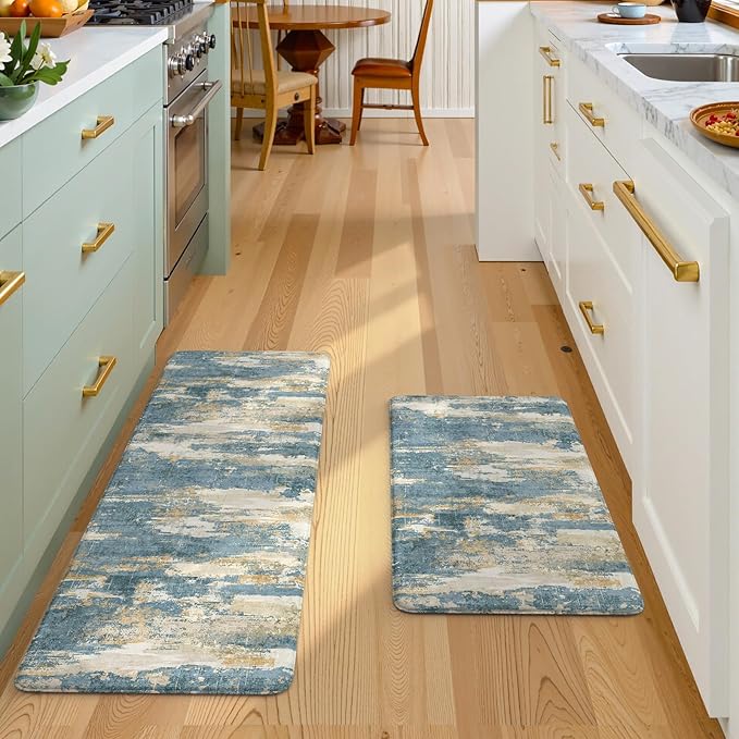 Collive Kitchen Mats for Floor 2 Piece, Abstract Cushioned Anti Fatigue Rugs Non Slip Waterproof Kitchens Sink Mat, Blue Modern Standing Mat for Bar, Office, Desk, Home Decor, 17"x29"+17"x47"