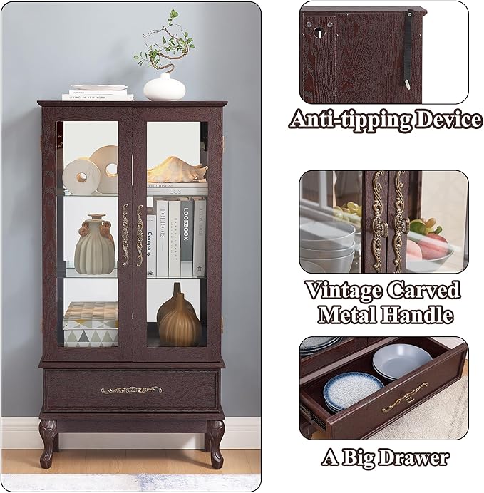 51" H Lighted Curio Cabinet Display Case, Glass Curio Cabinet with Adjustable Shelves,Tempered Glass Door and Drawer, Wooden Cabinets w/Mirrored Back Pane for Living Room (Dark Cherry)