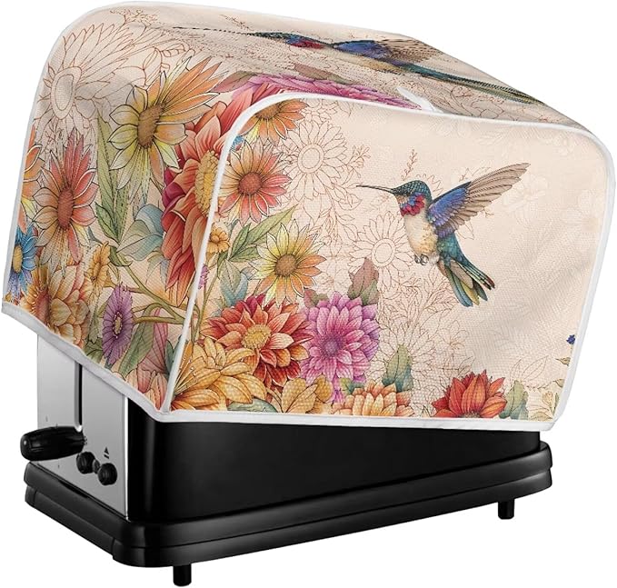 Hummingbird Boho Flower Print Toaster 4 Slice Cover Universal Size Kitchen Appliance Bread Maker Cover Kitchen Home Decor