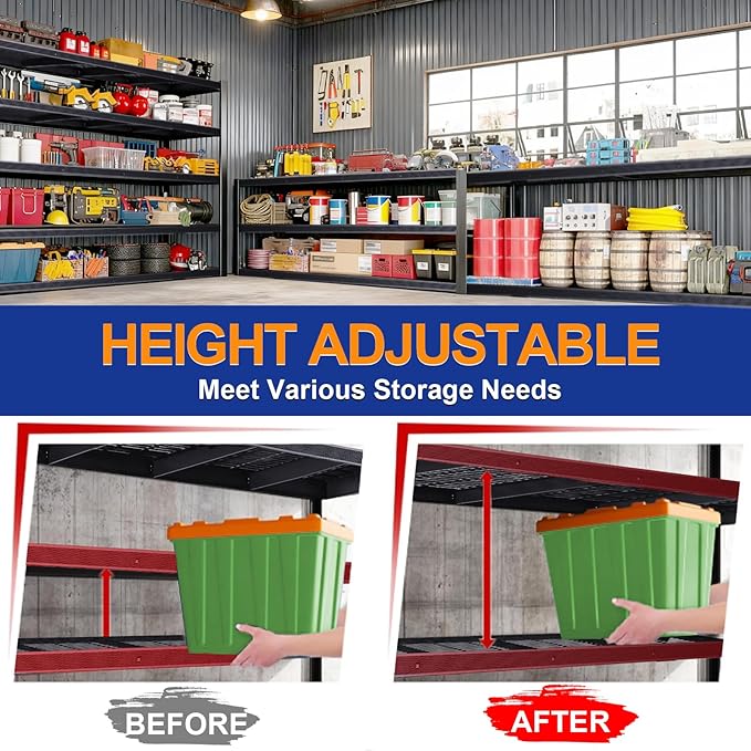 Heavy Duty Storage Shelves 24" D x 62" W x 72" H, 3050 lbs Metal Shelving Rack, Garage Storage Shelf, Estantes de Almacenamiento, Black Basement Shelving Unit, Adjustable Garage Rack